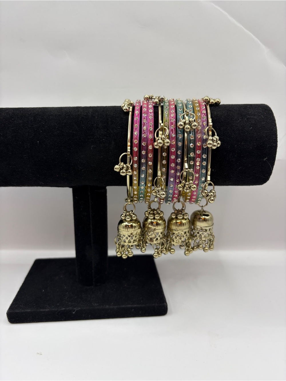 Gold-Tone Desi Kashmiri Multicolor Glass Bangle Set with Jhumka Charms